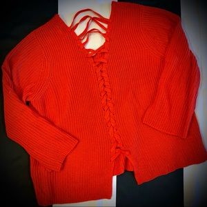 JOSEPH A. Red V-Neck Lace-Up Back Sweater.